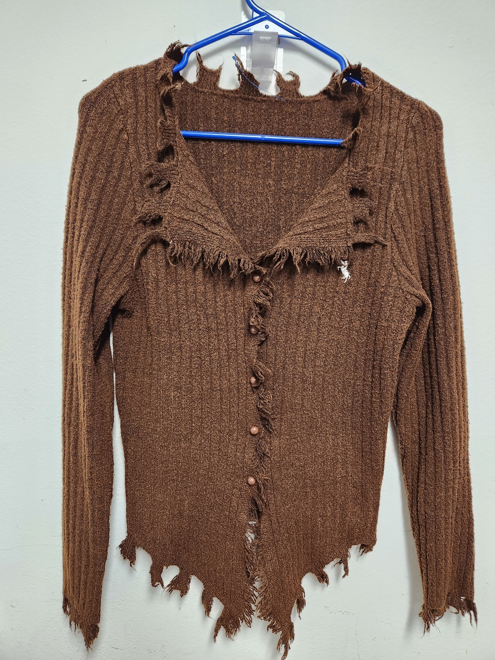 Polo by Ralph Lauren Distressed Rib-Knit V-Neck Sweater in Brown